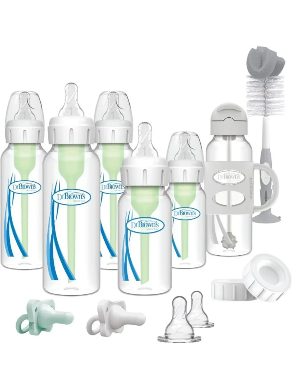Anti-Colic Baby Bottle Gift Set with Sippy Straw, Pacifiers, Travel Caps & Brush